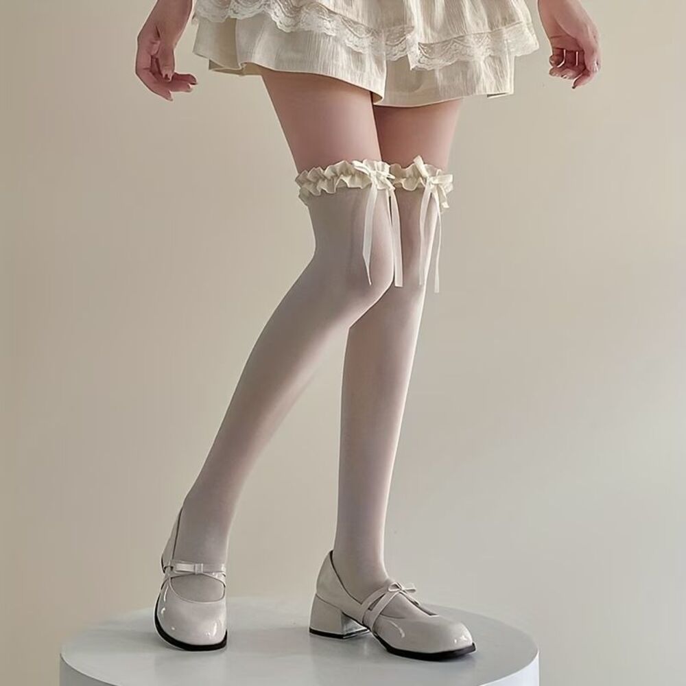 Yellow Thigh High Stocking with Ruffle & Bow Over Knee Stockings Party Cosplay